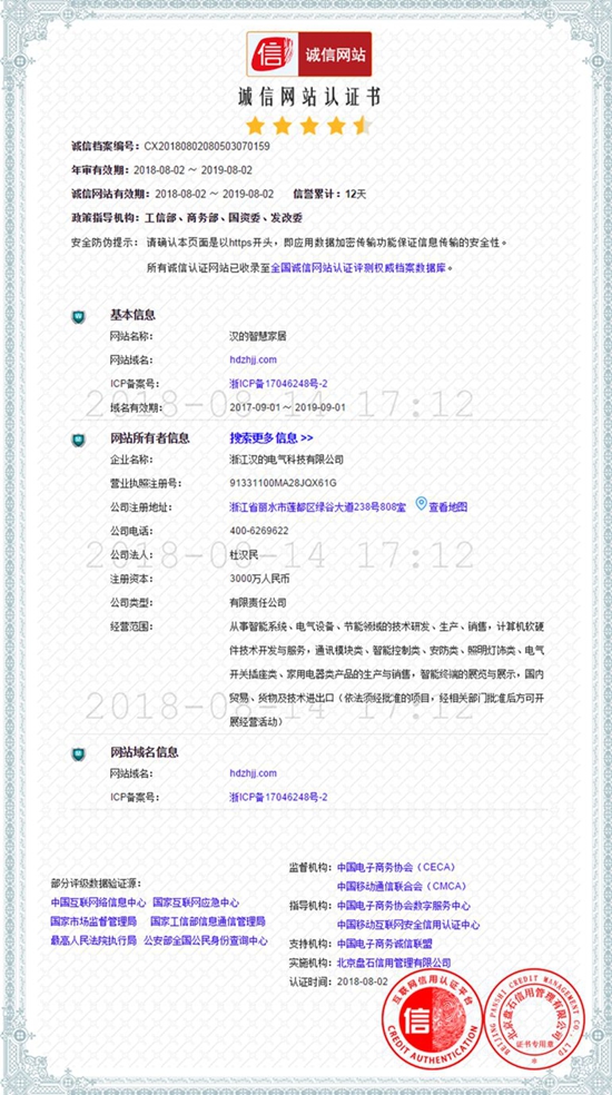 汉的电气被授予“国家电商行业诚信交易试点单位”